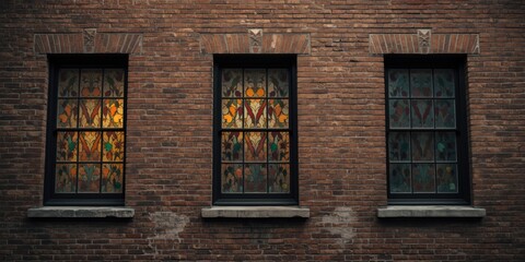Obraz premium Building facade showcasing colorful stained glass and textured brick walls