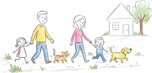 Plakat Happy family walking with children and pets near home hand drawn cartoon vector illustration