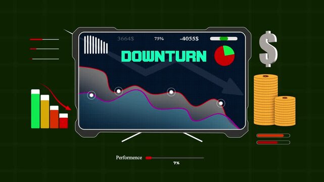 Modern electronic screen displaying economic downturn statistics to help investors visualize decreased profit in trading markets