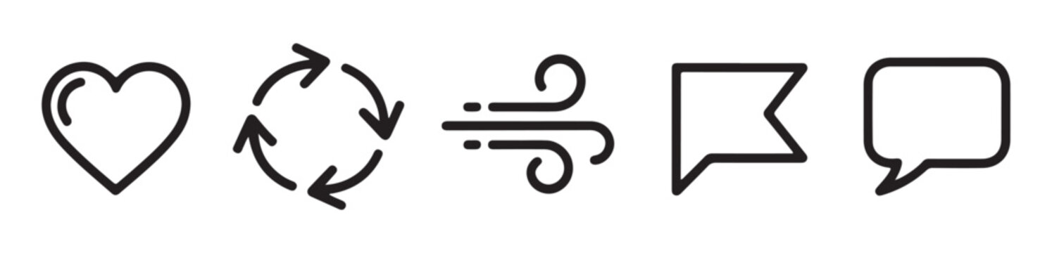 Social media icons heart refresh wind flag and speech bubble outline vector.