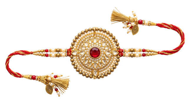 Traditional indian rakhi bracelet with red stone and pearls isolated on transparent background