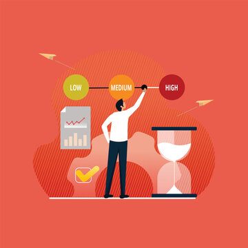 Task Priority Management Flat Vector Illustration with Low Medium High Risk Levels and Time Planning Concept
showing task prioritization and time management concept with low, medium and high priority 