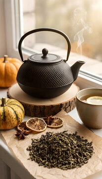 Cozy autumn still life with cast iron teapot and pumpkins by window
