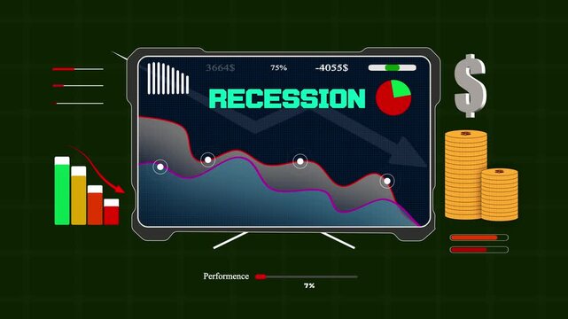 Recession trends on a digital display screen showing global business decline and negative financial performance for annual reports