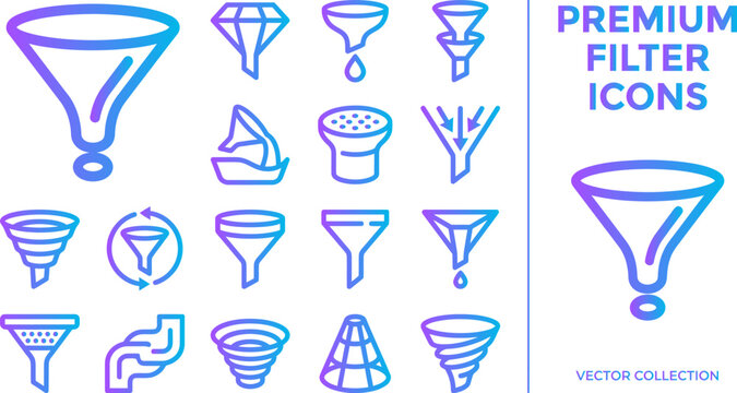 Premium filter icons showing different funnel types and filtration processes with gradient colors.