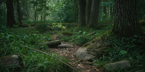 Fototapeta premium Forest Pathway Amidst Lush Greenery Tranquil Woodland Scene, Natural Light