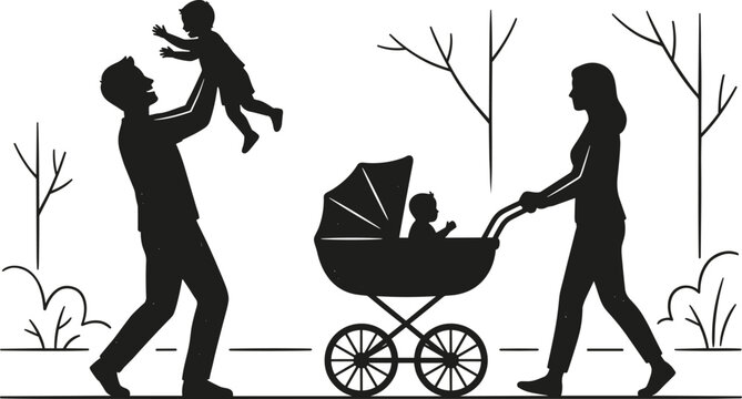 Happy family walking outdoors with baby stroller father lifting child and parenting silhouette vector illustration