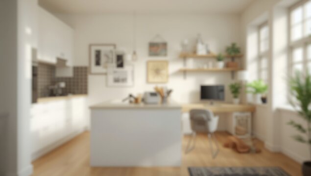 Bright kitchen design complemented by a blurred study corner with a desk setup