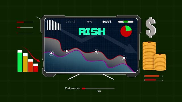 Modern electronic screen displaying professional risk metrics and decreasing charts for investment strategy and bank marketing
