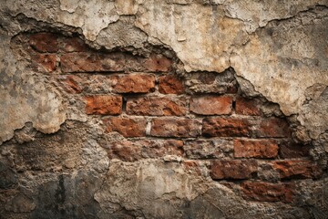 Fototapeta premium Rough brick wall exhibiting plaster deterioration and erosion