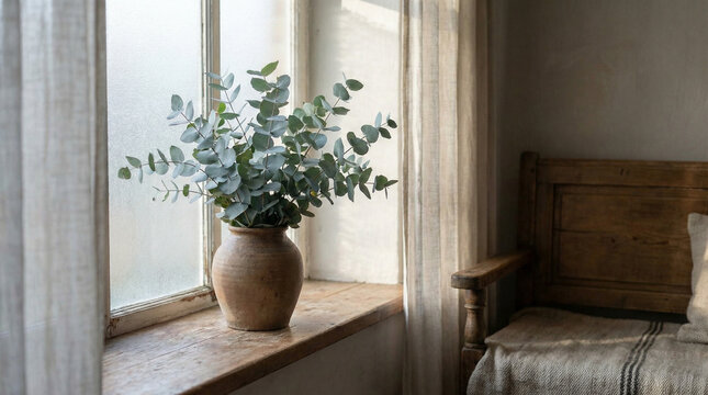 Eucalyptus Branch in Ceramic Vase Soft Light. Silver dollar eucalyptus stems in handmade pottery, diffused window light creates serene atmosphere