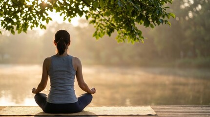 Fototapeta premium Beautiful woman practicing yoga waterfront in the park. Back view of young woman meditating by a peaceful lake under green leaves in morning sunlight, with clear copy space