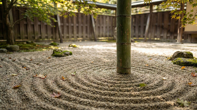 Zen Garden Raked Sand with Single Bamboo. Japanese rock garden detail showing curved sand patterns around bamboo stalk, peaceful composition