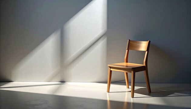 Pixelated wooden chair casting a long shadow on a wall with diagonal light beams, retro digital design concept, interior design element