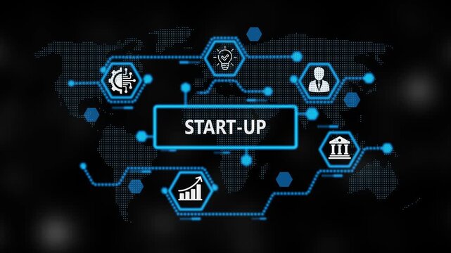 Start-up Return on investment financial growth concept. Business, Technology, Internet and network concept. ,Abstract technology symbols on world background. 4k video