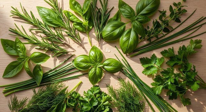 Assorted fresh herbs on wooden board in bright sunlight