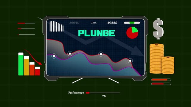 Modern electronic screen displaying sudden plunge statistics and decreasing charts for investment strategy and bank advertisements