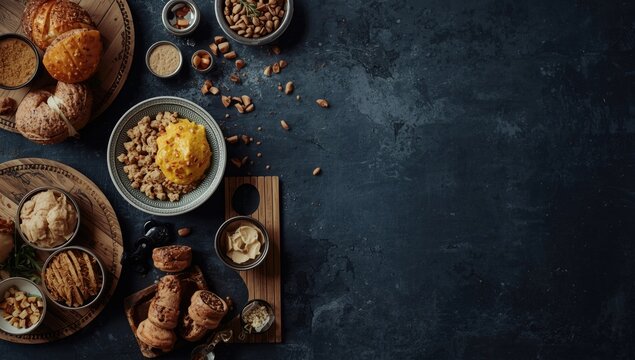 Arabic cuisine spread with baba ghanoush and kibbeh on dark background with copy space