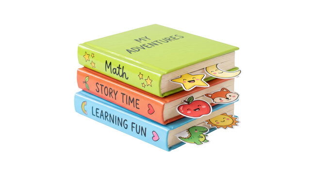 Stack of colorful childrens books with cute character bookmarks isolated on transparent background