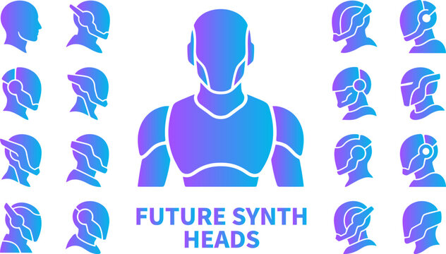 Set of future synth head icons featuring cybernetic human robotic faces and futuristic technology helmet designs.