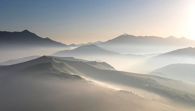 Pixelated mountain range landscape with soft morning mist and warm sunrise glow, digital art effect