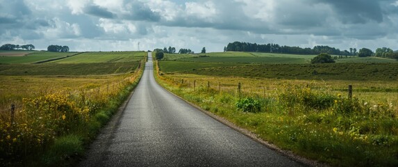 Fototapeta premium A tranquil narrow road weaving through lush green fields and meadows