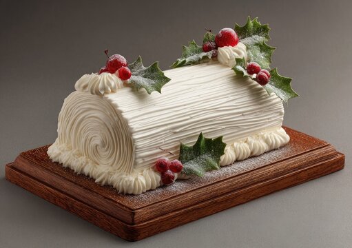 Snowy log cake decorated with holly and red berries, on wooden board