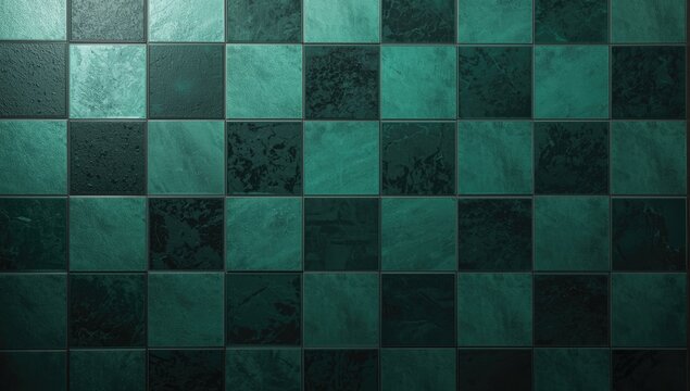 Abstract green and black checkered mosaic wall texture with smooth surface and empty text area