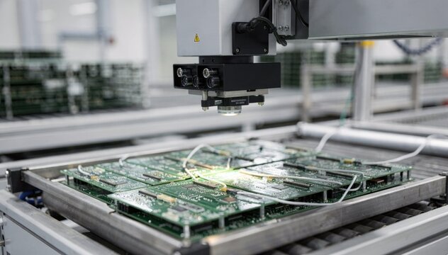 Medium shot showing an offline AOI system meticulously examining circuit boards for defects highlighting precise defect detection away from the main production line.