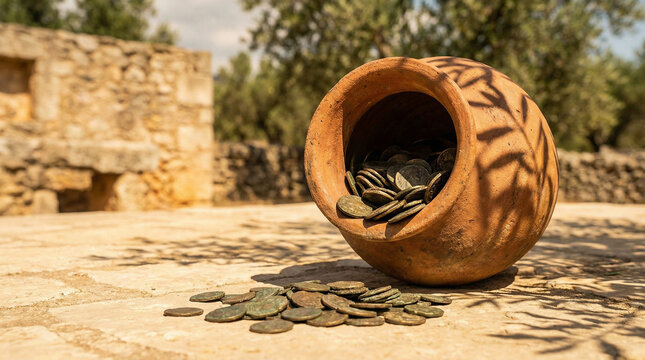 Terracotta Money Pot Mediterranean Savings Style. Rustic terracotta clay pot overflowing with bronze coins, warm Mediterranean sunlight, olive branch shadow