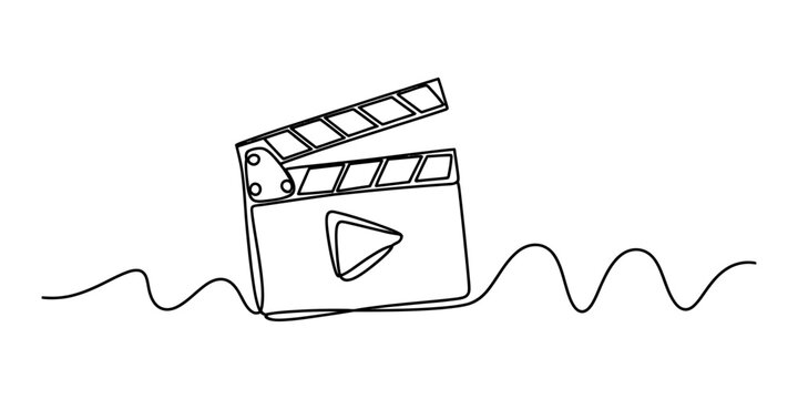 Continuous single line drawing of a movie clapperboard icon for film and video production projects showing a simple cinematic play button symbol Vector, illustration