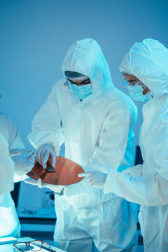 Engineers in cleanroom suits examine a silicon semiconductor wafer and microchip. Laboratory team conduct high tech research, microelectronics development, and hardware hardware manufacturing