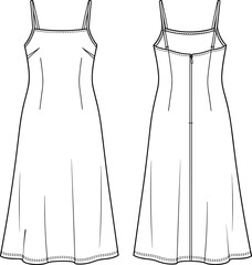Women sleeveless midi dress fashion technical sketch with front and back view clothing vector illustration © Bappi