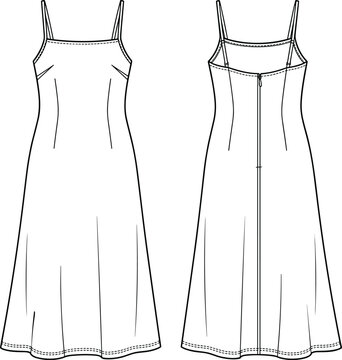 Women sleeveless midi dress fashion technical sketch with front and back view clothing vector illustration