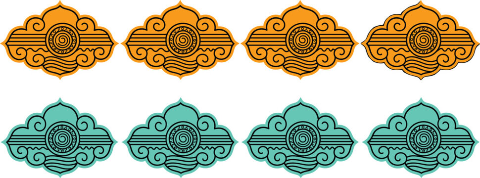 Traditional Chinese cloud frame ornament set vector illustration with vintage oriental decorative borders in orange and turquoise