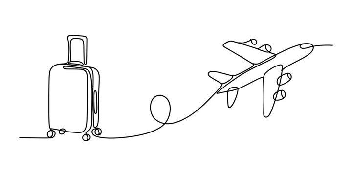 Continuous single line drawing of a travel suitcase and an airplane flying representing a vacation trip and tourism journey concept in black lines Vector, illustration