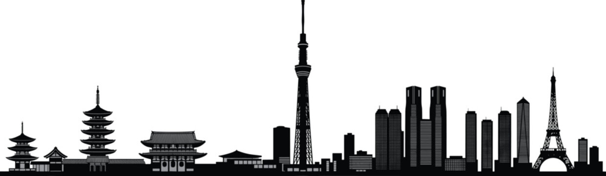 Tokyo city skyline black silhouette vector illustration featuring traditional pagodas and modern skyscrapers isolated on white background