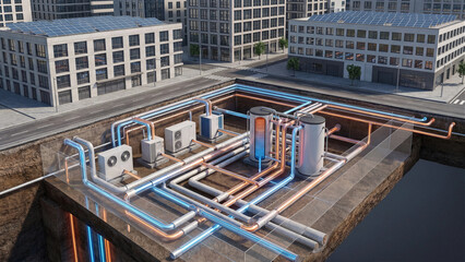 Fototapeta premium Underground geothermal heat pump system cross section beneath modern city buildings with pipes tanks and water reservoir showcasing sustainable heating cooling infrastructure technology concept