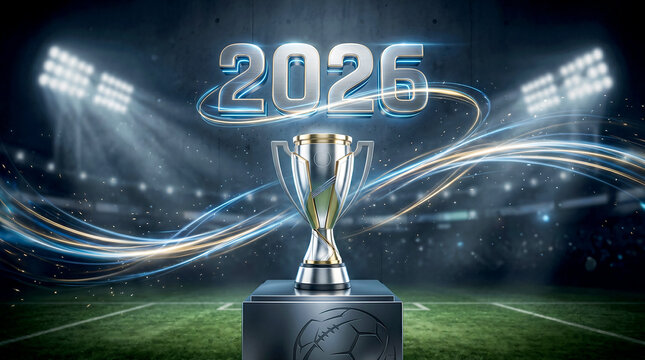 Trophy on pedestal with 2026 text and stadium lights Sports, football world cup 2026