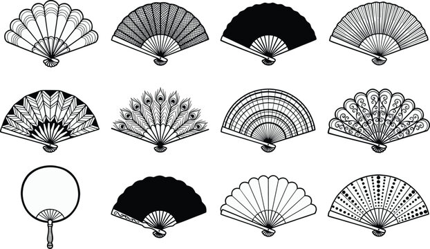 Traditional hand fan vector illustrations set featuring diverse asian and spanish folding fans in black line art style