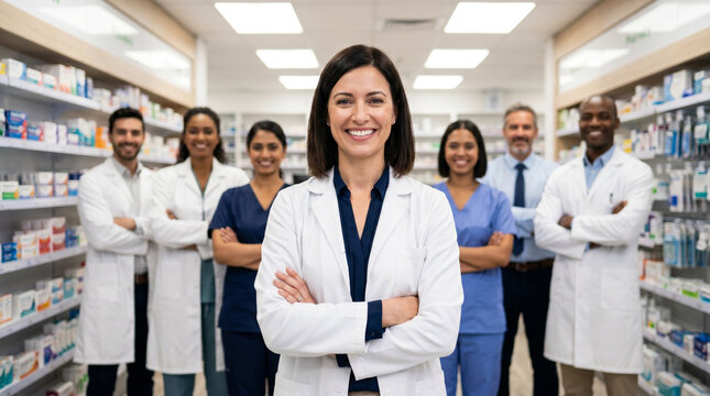 Diverse pharmacy team standing in modern pharmacy store. confident female pharmacist in front, pharmacy assistants healthcare staff, medical retail environment, professional healthcare group portrait