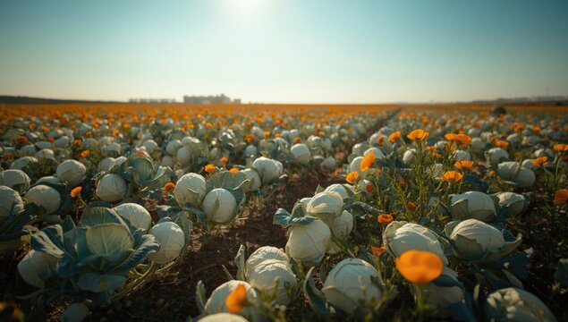 Bright agricultural expanse filled with white cabbage and lively marigold flowers under daylight