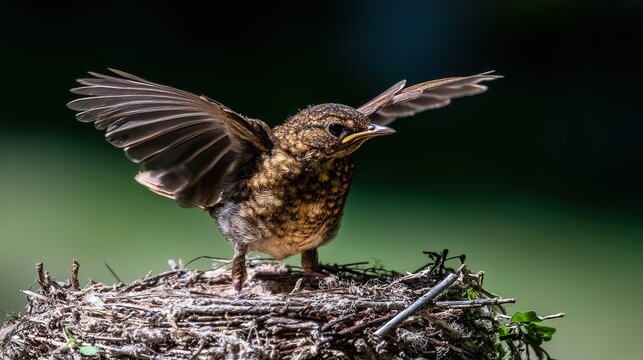 Fledgling bird first flight from nest with wings spread wide, golden morning light, nature wildlife moment