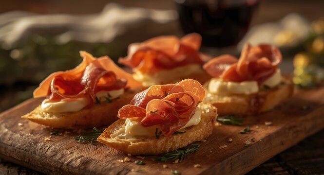 Classic Italian appetizer with creamy cheese and prosciutto on toasted crostini