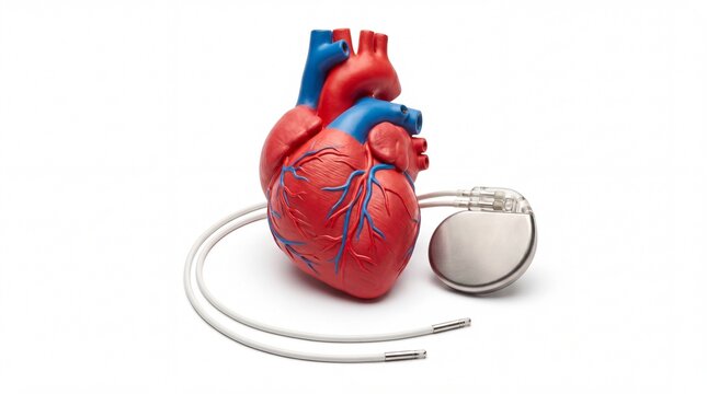 Anatomical human heart model connected to an electronic medical pacemaker device on white background