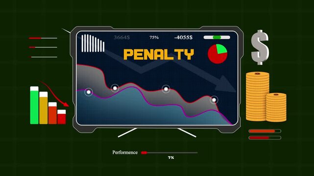 An administrative penalty metric displayed on a digital screen showing sudden capital drops and budget deficits