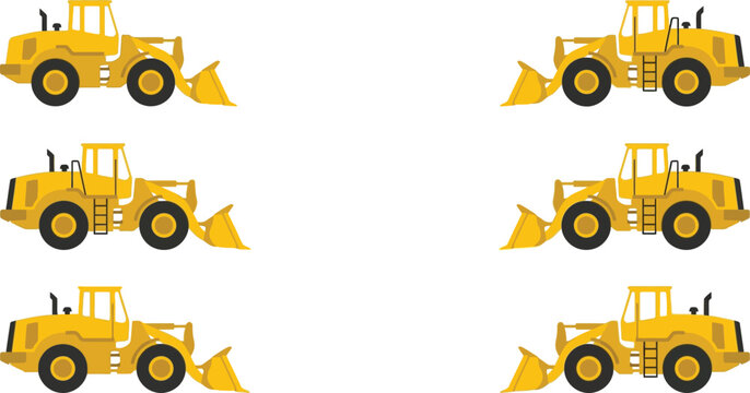 Set of yellow front-end loaders simple flat vector illustrations of heavy construction vehicles ideal for industrial design and building projects