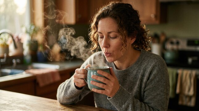 Woman blowing on hot coffee in mug at home. Person enjoying fragrant morning drink in kitchen. Relaxing break with steaming beverage, caffeine ritual and cozy lifestyle concept.