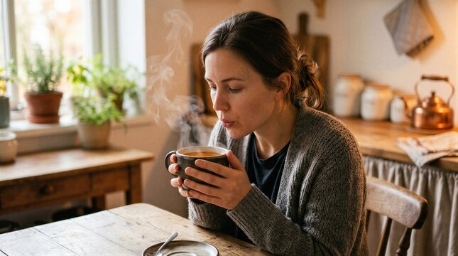 Woman drinking hot tea from rustic mug in cozy morning kitchen. Girl enjoying aromatic steam of herbal infusion. Concept of slow living, comfort, relaxation, tranquility and home life.