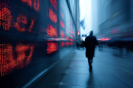 Blurred figure walking past large LED ticker in financial district. Hustle, Stock market display, urban motion blur, trading floor screens, fast-paced economy. Life in a rush, high speed.
